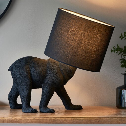 Matte Black Resin Bear Quirky Animal Table Lamp With Black Shade 44cm