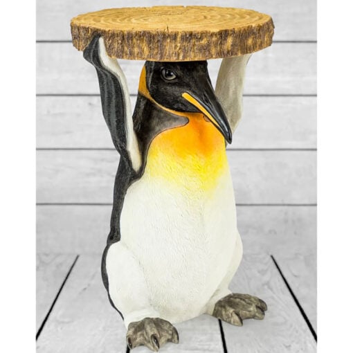 Resin Penguin Bird Holding A Trunk Slice Animal Side Table 52cm