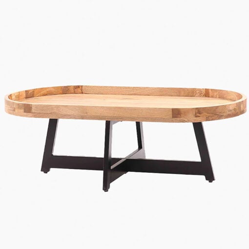 Rustic Industrial Oval Solid Mango Wood And Black Metal Coffee Table