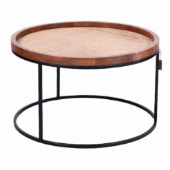 Rustic Industrial Round Solid Mango Wood And Jute Fibre Coffee Table With Black Metal Base