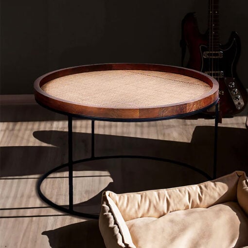 Rustic Industrial Round Solid Mango Wood And Jute Fibre Coffee Table With Black Metal Base