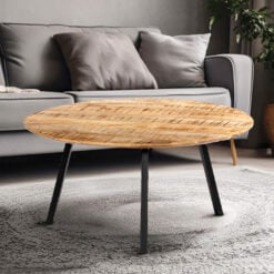 Rustic Industrial Round Solid Mango Wood Coffee Table With Black Metal Legs