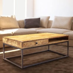 Rustic Industrial Solid Mango Wood And Black Metal 1 Drawer Coffee Table