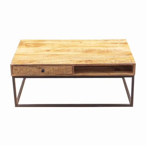 Rustic Industrial Solid Mango Wood And Black Metal 1 Drawer Coffee Table