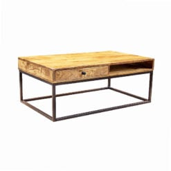 Rustic Industrial Solid Mango Wood And Black Metal 1 Drawer Coffee Table