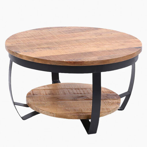 Rustic Industrial Solid Mango Wood And Black Metal 2 Tier Coffee Table