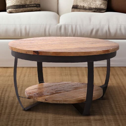 Rustic Industrial Solid Mango Wood And Black Metal 2 Tier Coffee Table