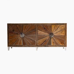 Rustic Reclaimed Solid Wood Sunburst 4 Door Large Sideboard With Silver Metal Legs