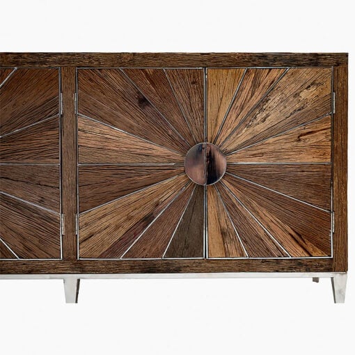 Rustic Reclaimed Solid Wood Sunburst 4 Door Large Sideboard With Silver Metal Legs