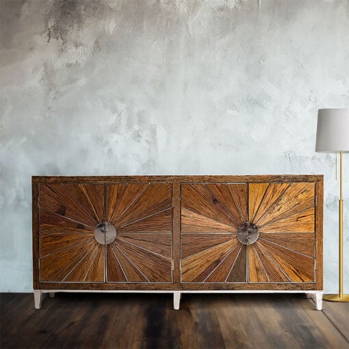 Rustic Reclaimed Solid Wood Sunburst 4 Door Large Sideboard With Silver Metal Legs