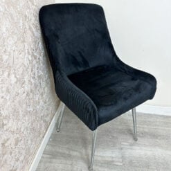 Set Of 2 Black Velvet Dining Chairs With Silver Chrome Legs And Back Pull