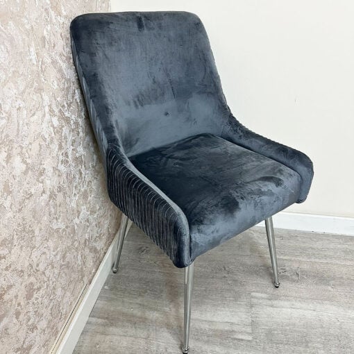 Set Of 2 Grey Velvet Dining Chairs With Chrome Legs And Back Pull