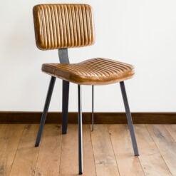 Set Of 2 Industrial Genuine Brown Leather And Black Metal Dining Chairs