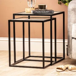 Set of 2 Industrial Black Metal And White Spiral Glass Nesting Side Tables