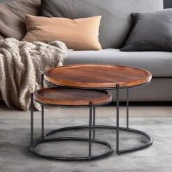 Set of 2 Nesting Rustic Industrial Solid Acacia Wood Coffee Tables Side Tables