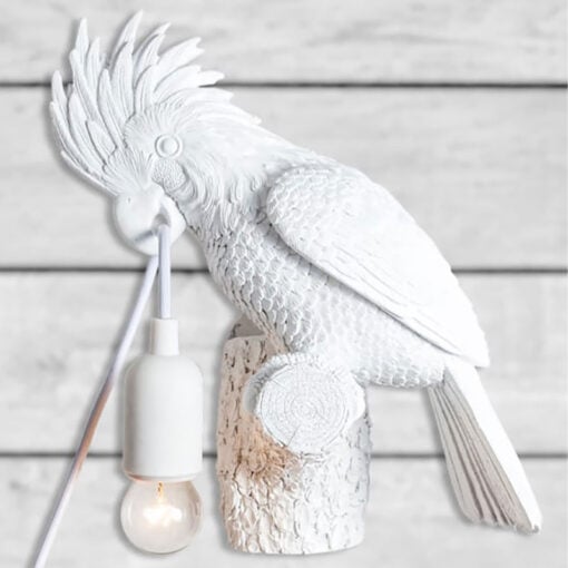 White Resin Cockatoo Parrot Bird On Perch Animal Wall Lamp 32cm