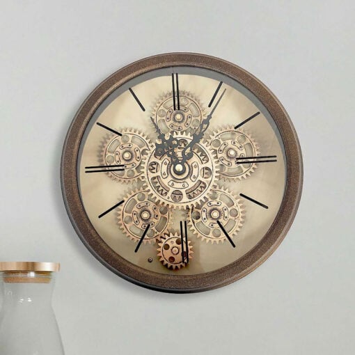 Antique Copper And Gold Metal Visible Moving Gears Round Wall Clock 23cm