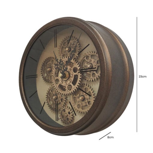 Antique Copper And Gold Metal Visible Moving Gears Round Wall Clock 23cm