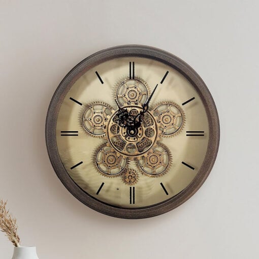 Antique Copper And Gold Metal Visible Moving Gears Round Wall Clock 36cm