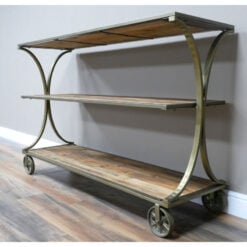 Boho Antique Gold Brass Metal And Solid Reclaimed Wood Shelving Unit With Wheels