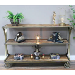 Boho Antique Gold Brass Metal And Solid Reclaimed Wood Shelving Unit With Wheels