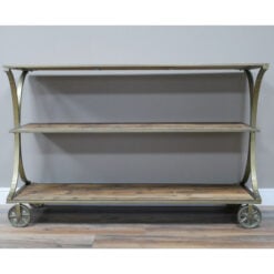 Boho Antique Gold Brass Metal And Solid Reclaimed Wood Shelving Unit With Wheels