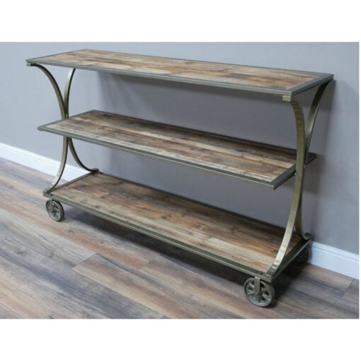 Boho Antique Gold Brass Metal And Solid Reclaimed Wood Shelving Unit With Wheels