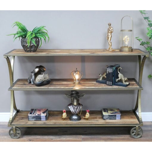 Boho Antique Gold Brass Metal And Solid Reclaimed Wood Shelving Unit With Wheels