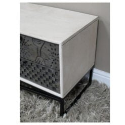 Boho Black And Washed White Engraved Solid Mango Wood And Black Metal Low Sideboard