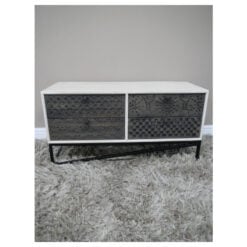 Boho Black And Washed White Engraved Solid Mango Wood And Black Metal Low Sideboard