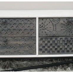 Boho Black And Washed White Engraved Solid Mango Wood And Black Metal Low Sideboard