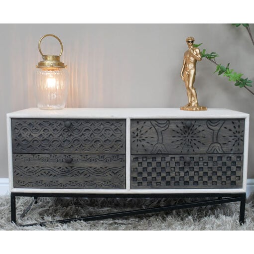 Boho Black And Washed White Engraved Solid Mango Wood And Black Metal Low Sideboard