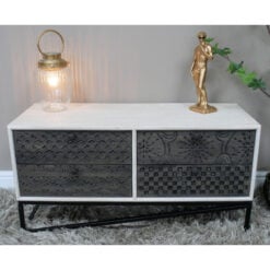 Boho Black And Washed White Engraved Solid Mango Wood And Black Metal Low Sideboard