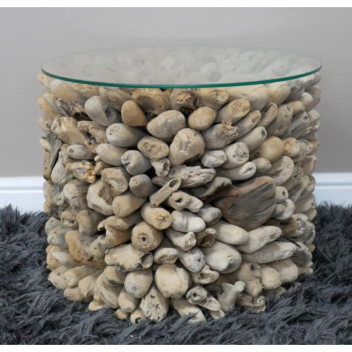 Boho Drift Wood And Clear Tempered Glass Round Side Table Coffee Table