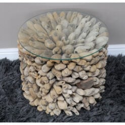 Boho Drift Wood And Clear Tempered Glass Round Side Table Coffee Table