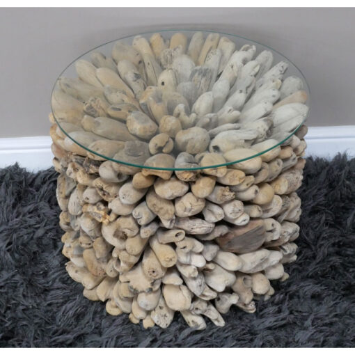 Boho Drift Wood And Clear Tempered Glass Round Side Table Coffee Table