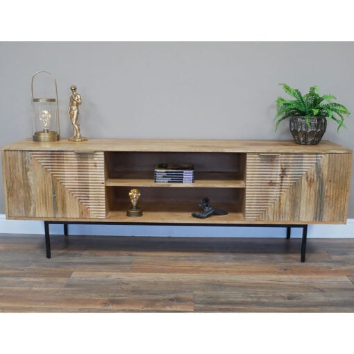 Boho Industrial Black Metal And Solid Mango Wood 2 Door TV Stand 180cm