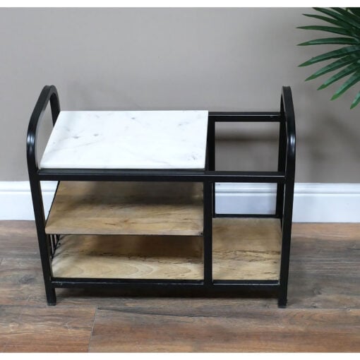 Boho Industrial Black Metal And White Marble Small Storage Bench 60cm