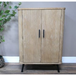 Boho Industrial Light Fir Wood And Black Metal 2 Door Tall Storage Cabinet