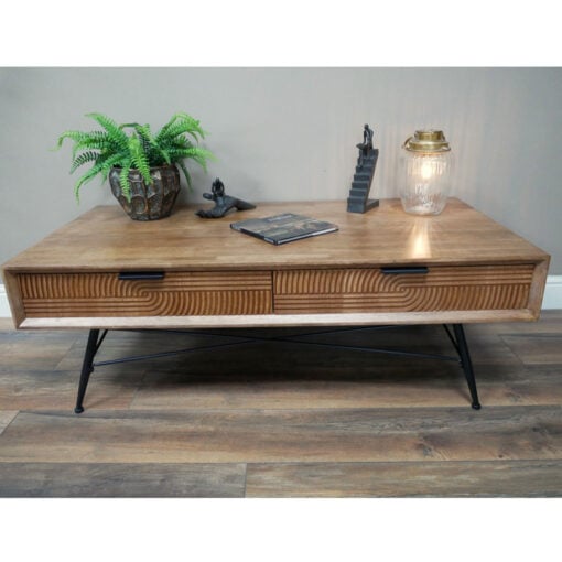 Boho Industrial Solid Fir Wood And Black Metal 4 Drawer Coffee Table