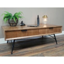 Boho Industrial Solid Fir Wood And Black Metal 4 Drawer Coffee Table