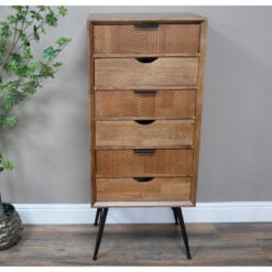 Boho Industrial Solid Fir Wood And Black Metal Tall Boy Chest Of Drawers