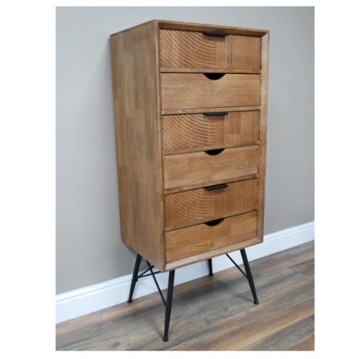 Boho Industrial Solid Fir Wood And Black Metal Tall Boy Chest Of Drawers