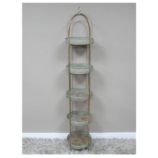 Boho Moroccan 5 Tier Antique Gold And Aqua Metal Open Shelving Unit 166cm