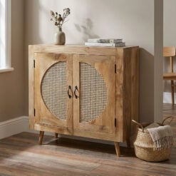 Boho Rustic 2 Door Solid Acacia Wood And Rattan Small Sideboard Cabinet 90cm