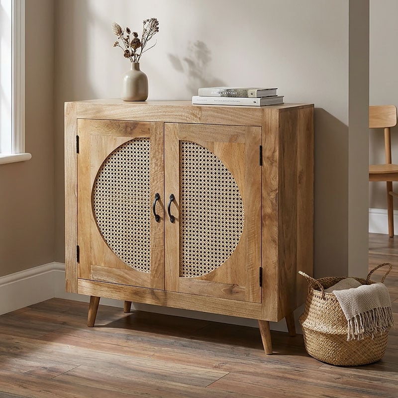 Boho Rustic 2 Door Solid Acacia Wood And Rattan Small Sideboard Cabinet 90cm Boho Rustic 2 Door Solid Acacia Wood And Rattan Small Sideboard Cabinet 90cm
