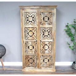 Boho Rustic Large Tall Mandala Carved Solid Mango Wood Storage Cabinet 180cm