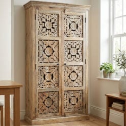 Boho Rustic Large Tall Mandala Carved Solid Mango Wood Storage Cabinet 180cm