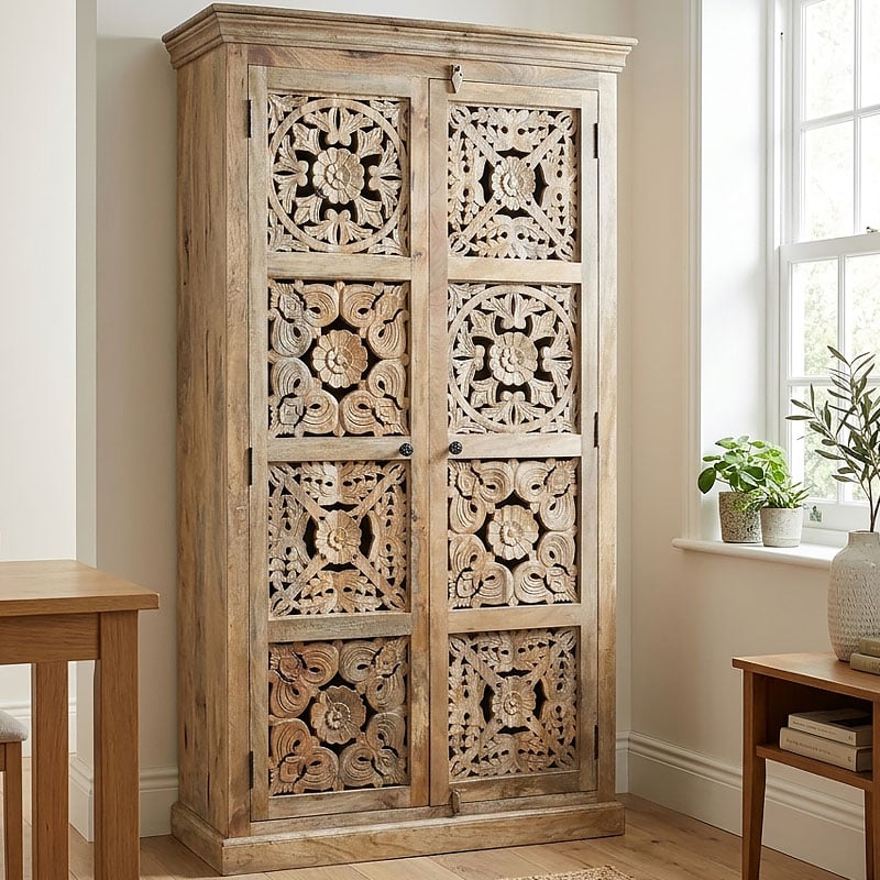 Boho Rustic Large Tall Mandala Carved Solid Mango Wood Storage Cabinet 180cm Boho Rustic Large Tall Mandala Carved Solid Mango Wood Storage Cabinet 180cm