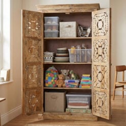 Boho Rustic Large Tall Mandala Carved Solid Mango Wood Storage Cabinet 180cm